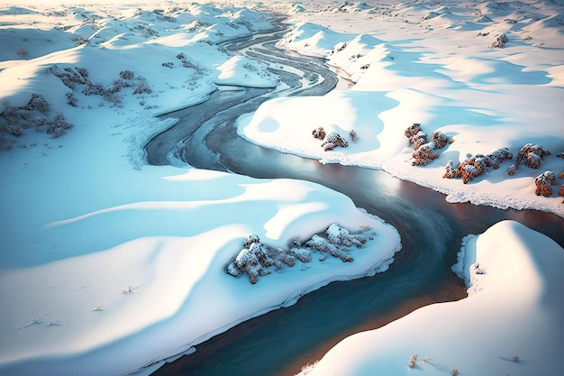 White snowcovered iceland aerial river shores among cold fells