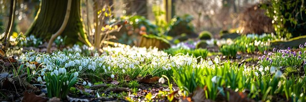 Photo white snowdrops blooming in a spring forest a realistic image