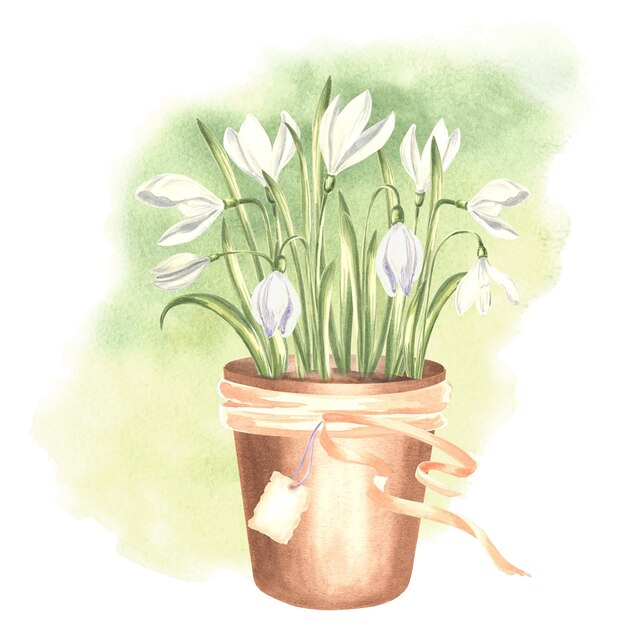 White snowdrops in clay flower pot with ribbons and tag watercolor illustration isolated hand drawn