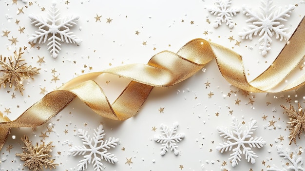 White Snowflakes and Gold Ribbon on a White Background