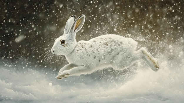 White Snowshoe Hare Leaping Through Snowfall