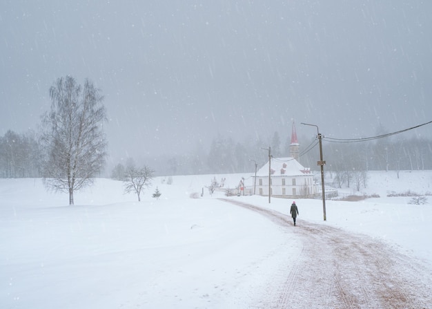 White snowy landscape with old Maltese palace in beautiful natural landscape. A walking silhouette on a winter road. Gatchina. Russia.