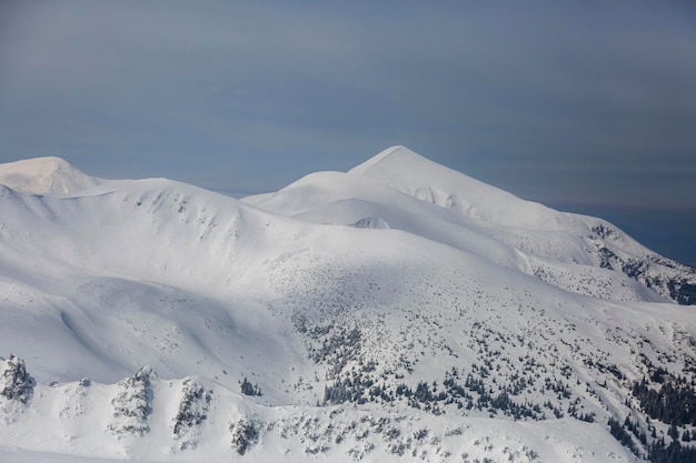 White snowy mount Hoverla peak in the stormy day Chornohora range Carpathian Mountains