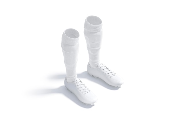 White soccer boots with socks pair mockup. Leather boot with tights mock up. Leggings with footwear.