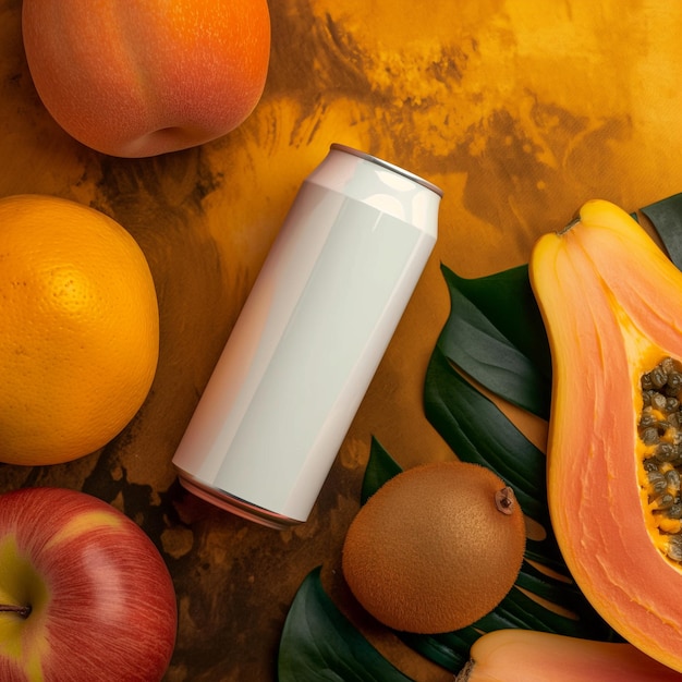 White soda can lies on a set of tropical fruits that fill the entire frame top view