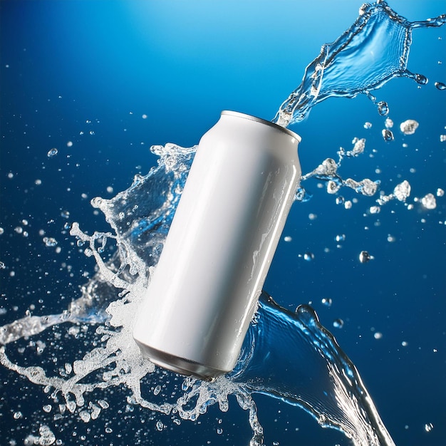 White soda can mockup photo splash of water product photo blue backdrop floating in the air