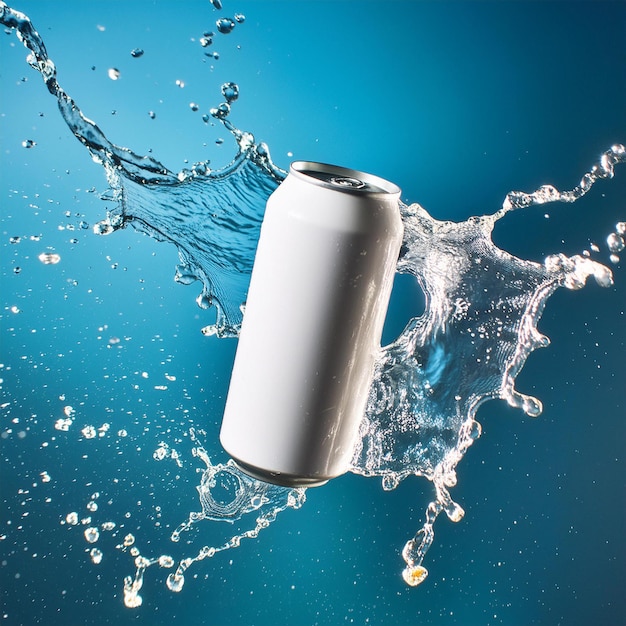 White soda can mockup photo splash of water product photo blue backdrop floating in the air