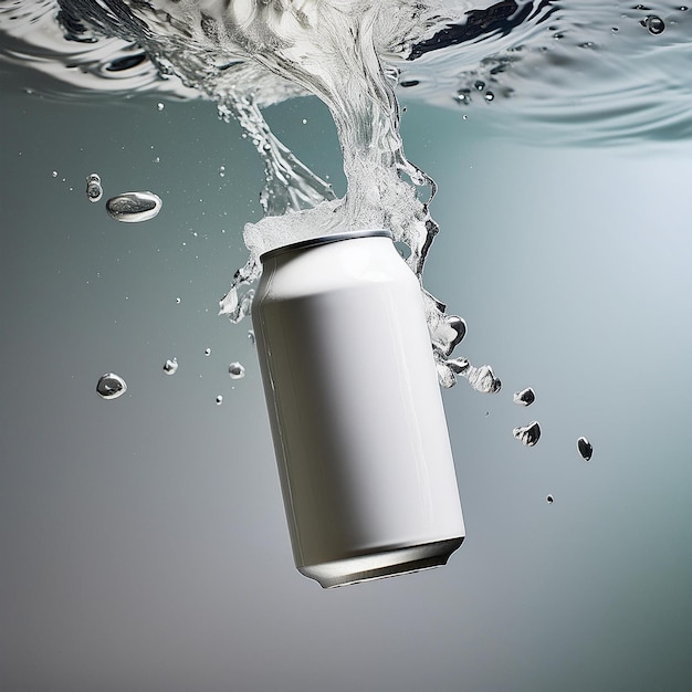 White soda can mockup photo splash of water product photo white backdrop floating in the air