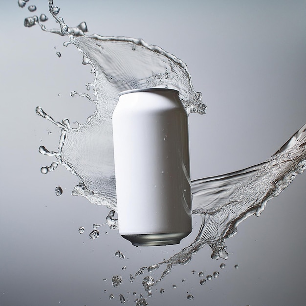 White soda can mockup photo splash of water product photo white backdrop floating in the air