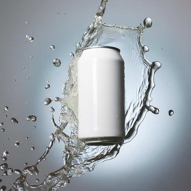 White soda can mockup photo splash of water product photo white backdrop floating in the air