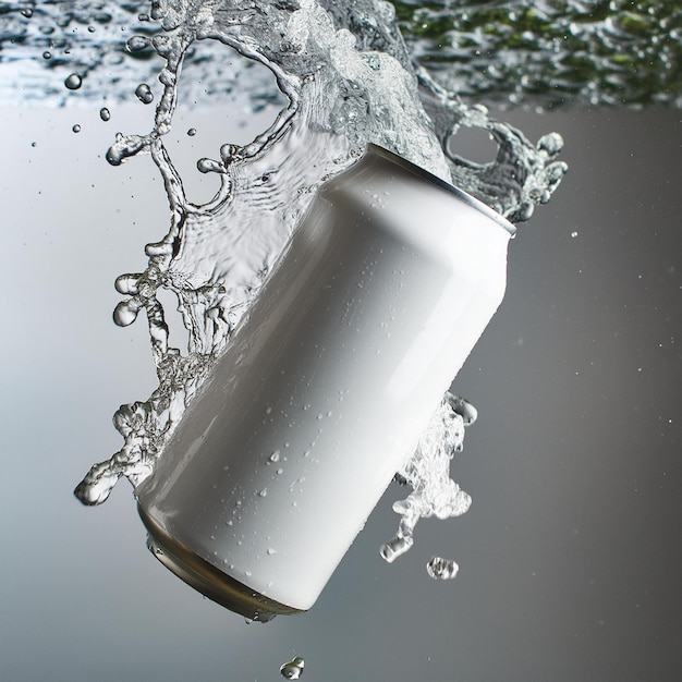 White soda can mockup photo splash of water product photo white backdrop floating in the air