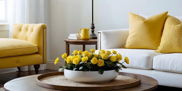 white sofa against luxurious paint apartment flower tub on Round wood coffee table