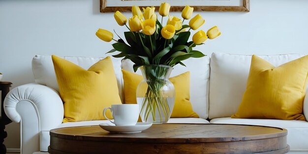 white sofa against luxurious paint apartment flower tub on Round wood coffee table