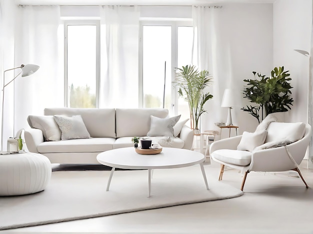 White sofa and armchairs in Scandinavian style home interior design of modern living room