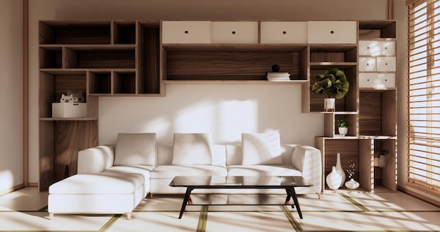 White Sofa japanese on room japan tropical desing and tatami mat floor3D rendering