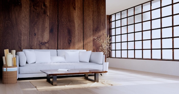 White Sofa japanese on room japan tropical desing and tatami mat floor3D rendering