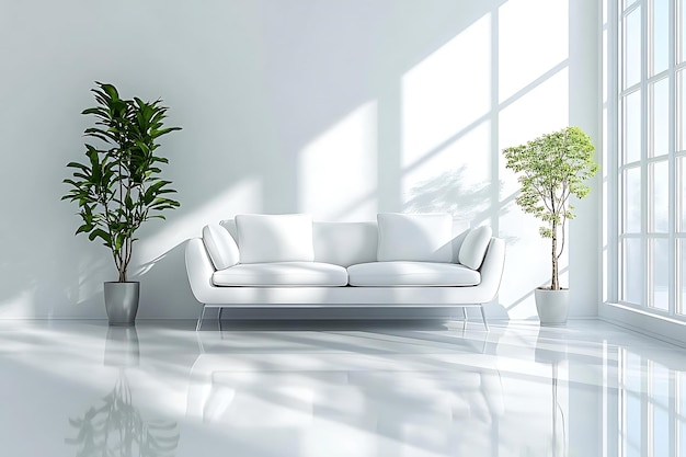 White Sofa in Minimalist Living Room with Large Window 3D Illustration