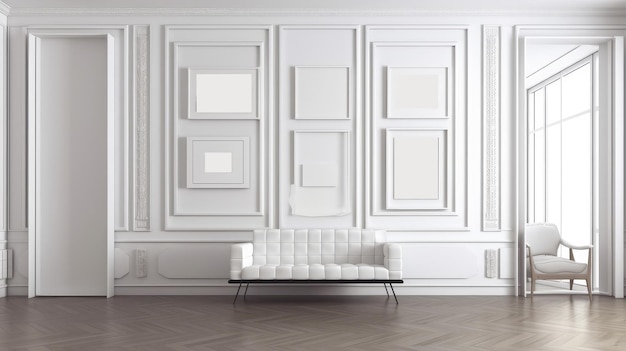 A white sofa in a room with a row of white frames.