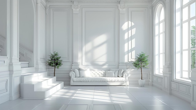 White sofa and rustic wooden stamp coffee table against arched window Hollywood glam interior design