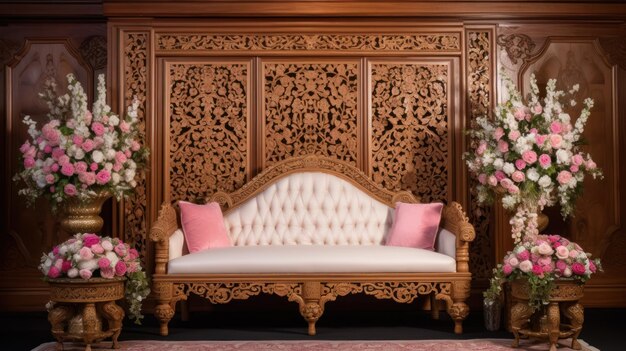 A white sofa set in front of a wall with flowers.