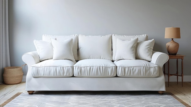 White sofa with pillows in a modern living room with a lamp on a side table