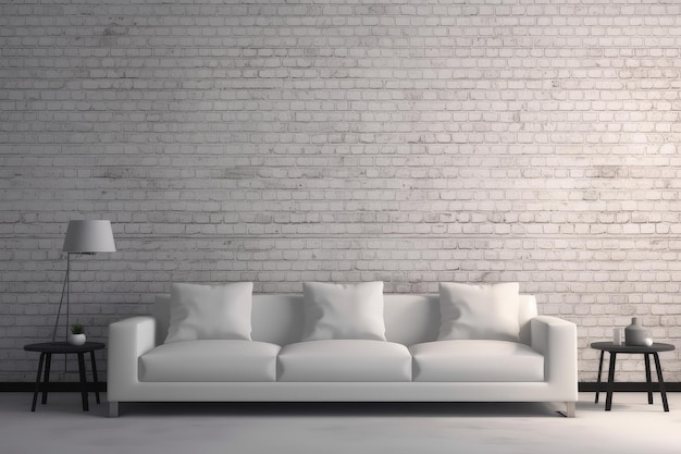 A white sofa with pillows on a white brick wall and a lamp