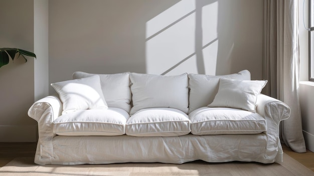 Photo a white sofa with soft cushions in a minimalist living room