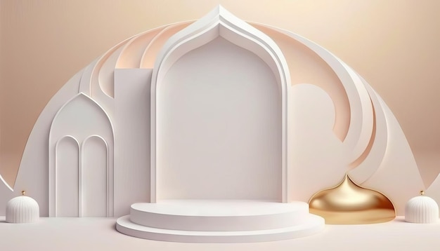 Photo white soft pastel podium islamic background ramadhan ornament on white soft carpet background generative ai