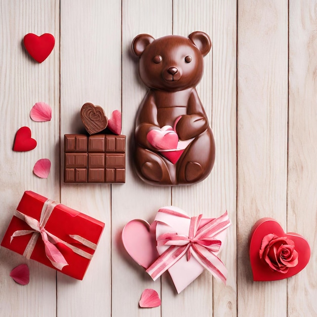 white space with Valentine gift chocolate bear in different styles on top and bottom