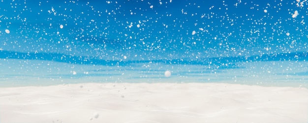 White spacious landscape with snow covered plain at snowfall 3D rendering illustration