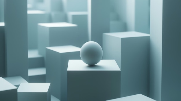 A white sphere rests atop a cube platform in a field of minimalist blue geometric shapes symbo