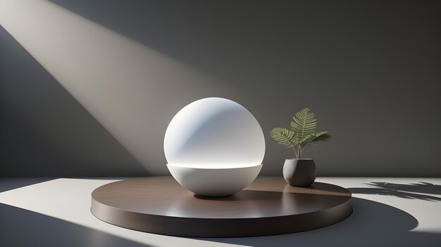 A white sphere sits on a round wooden table next to a small plant.