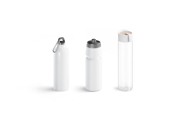 White sport bottles types set. Transparent containers varieties water. Acrylic flask for fitness.