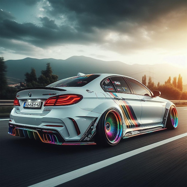 White sport sedan with colorful tuning on the road