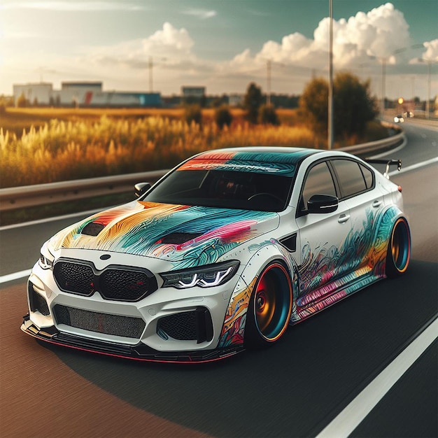 White sport sedan with colorful tuning on the road