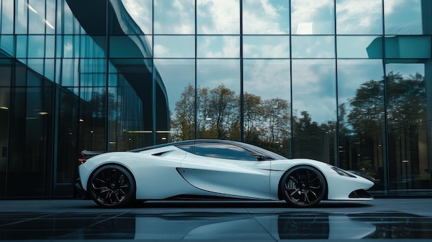 Photo white sports car in front of modern building