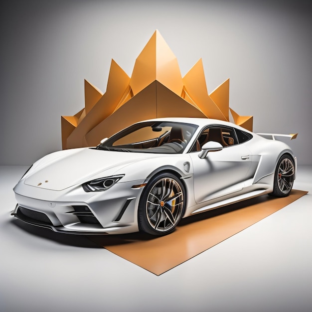 A white sports car is in front of a wall with a gold star design.