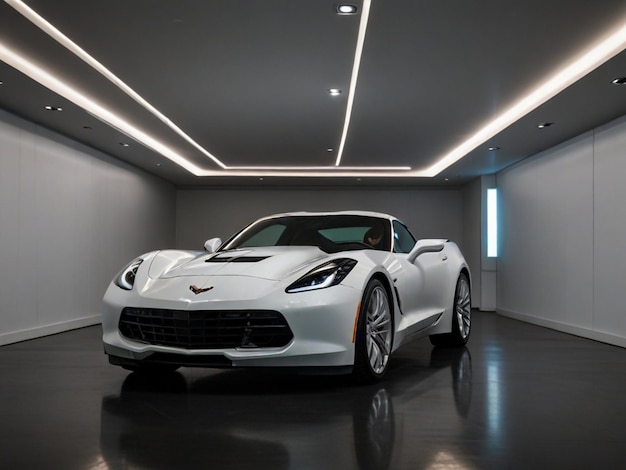 a white sports car is parked in a garage with the number 2 on the front