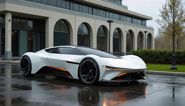 Photo a white sports car parked in front of a building