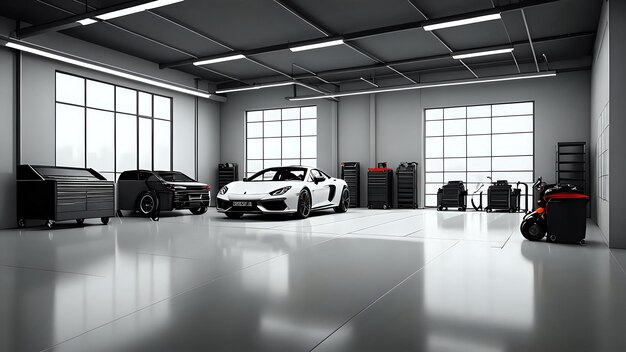 Photo a white sports car sits in a garage with other cars