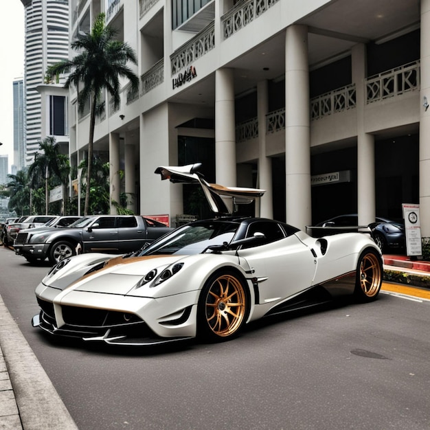 Photo a white sports car with a black stripe is parked in front of a building