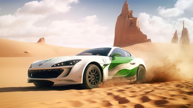 A white sports car with green and white stripes drives through the desert.