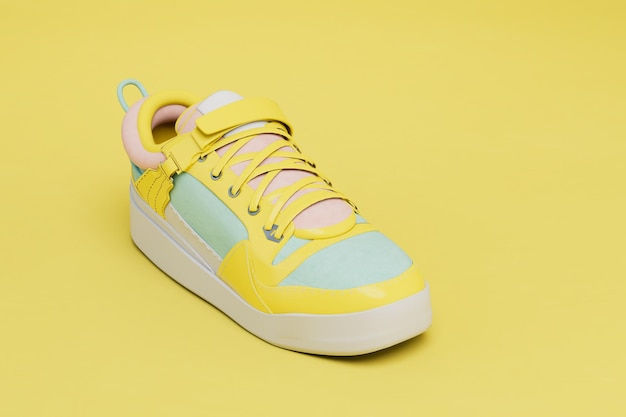 White sports sneaker with yellow inserts and laces on a yellow background 3D render