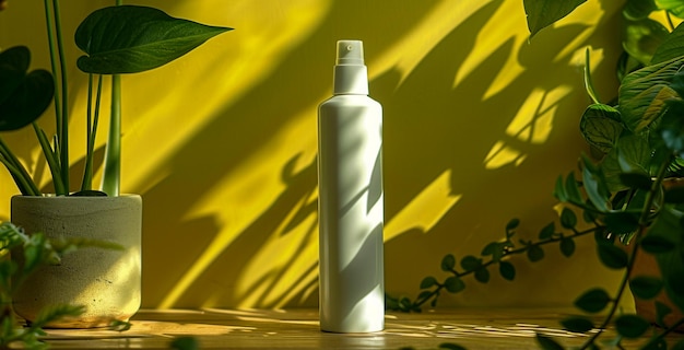 White Spray Bottle Mockup With Tropical Leaves and Flowers