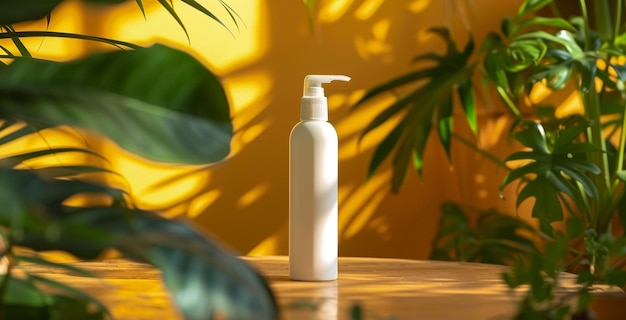 White Spray Bottle Mockup With Tropical Leaves and Flowers