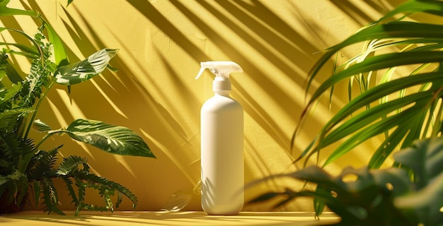 White Spray Bottle Mockup With Tropical Leaves and Flowers