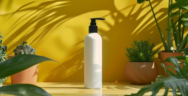 White Spray Bottle Mockup With Tropical Leaves and Flowers