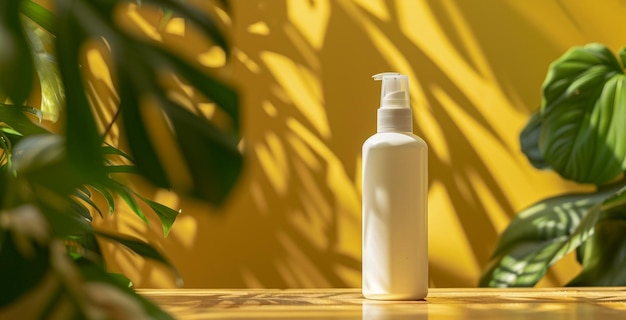 White Spray Bottle Mockup With Tropical Leaves and Flowers