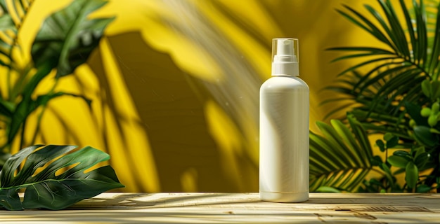 White Spray Bottle Mockup With Tropical Leaves and Flowers