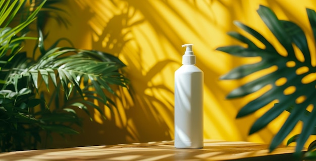 White Spray Bottle Mockup With Tropical Leaves and Flowers